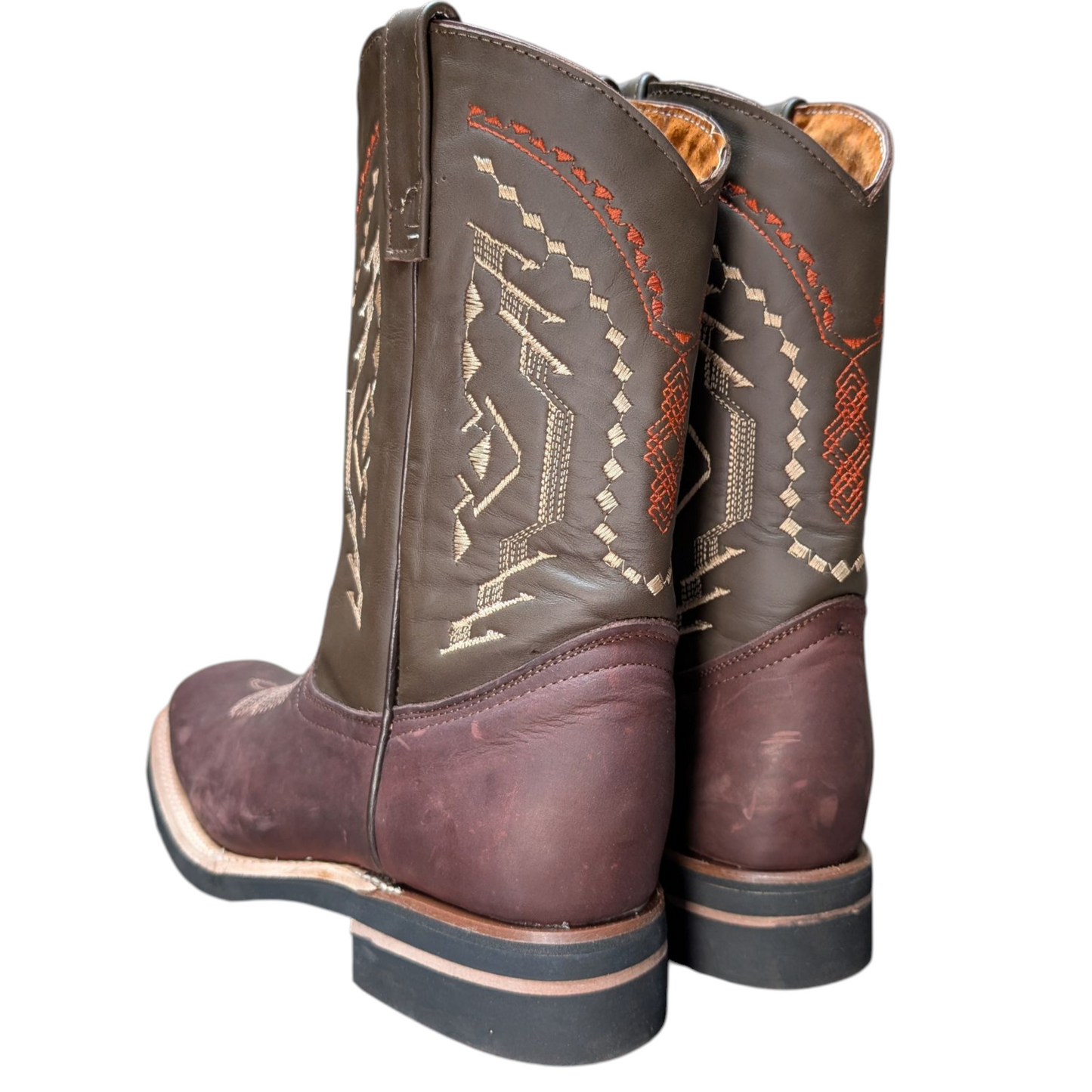 Men's Cowboy Boots (0057) - 12" Rodeo Toe Burgundy Brown & Dark Taupe Leather Western Stitching
