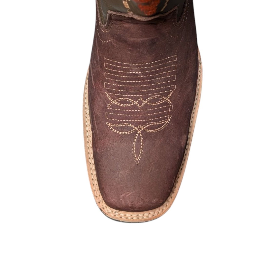 Men's Cowboy Boots (0057) - 12" Rodeo Toe Burgundy Brown & Dark Taupe Leather Western Stitching