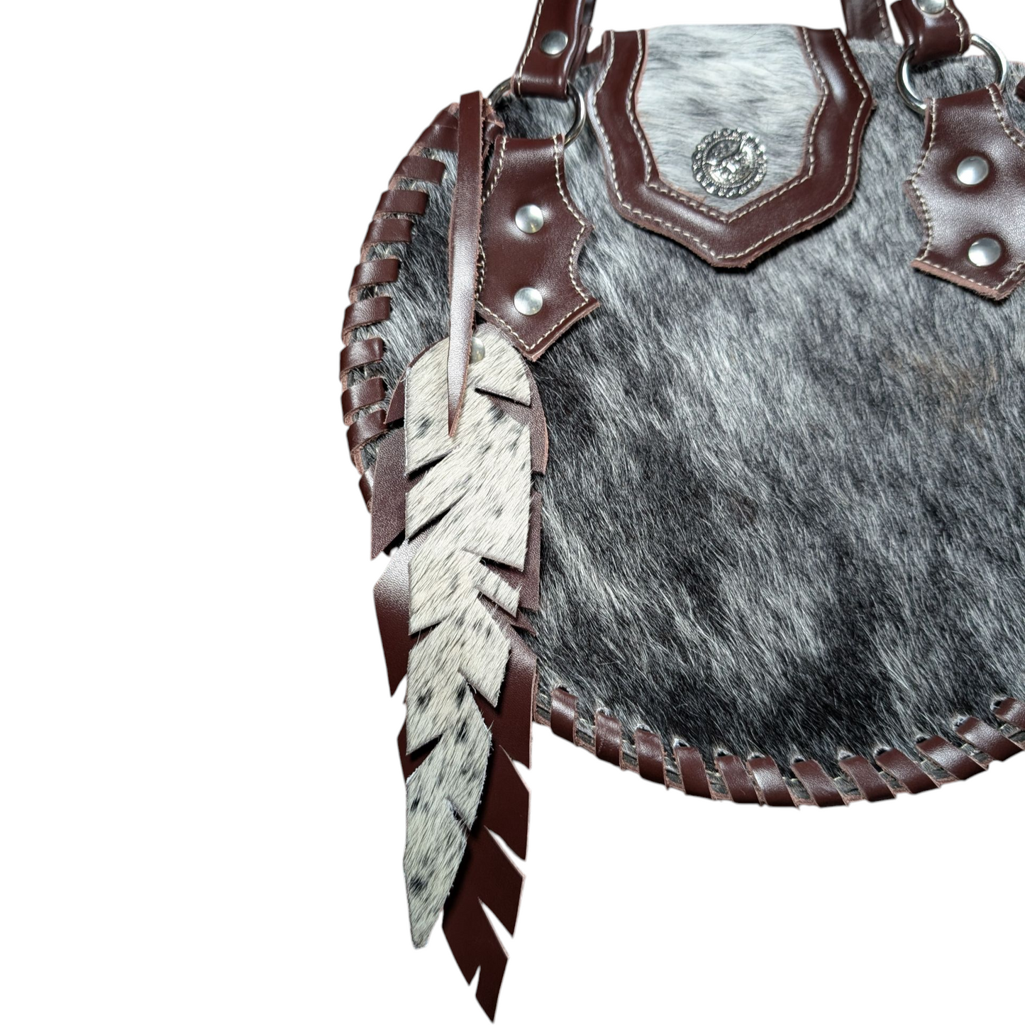 Handmade Leather Bag (0007) - Round Dark Brown Leather w/ Cowhide & Feather