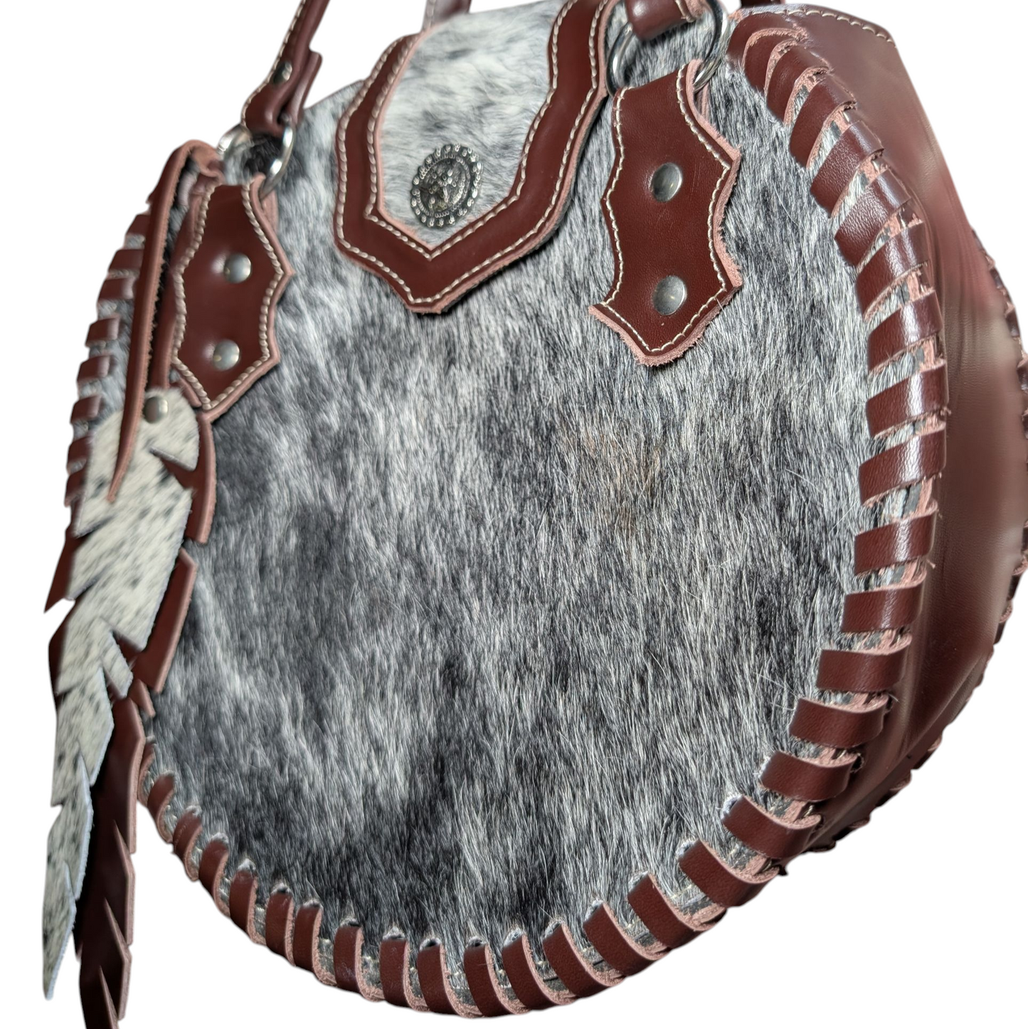 Handmade Leather Bag (0007) - Round Dark Brown Leather w/ Cowhide & Feather