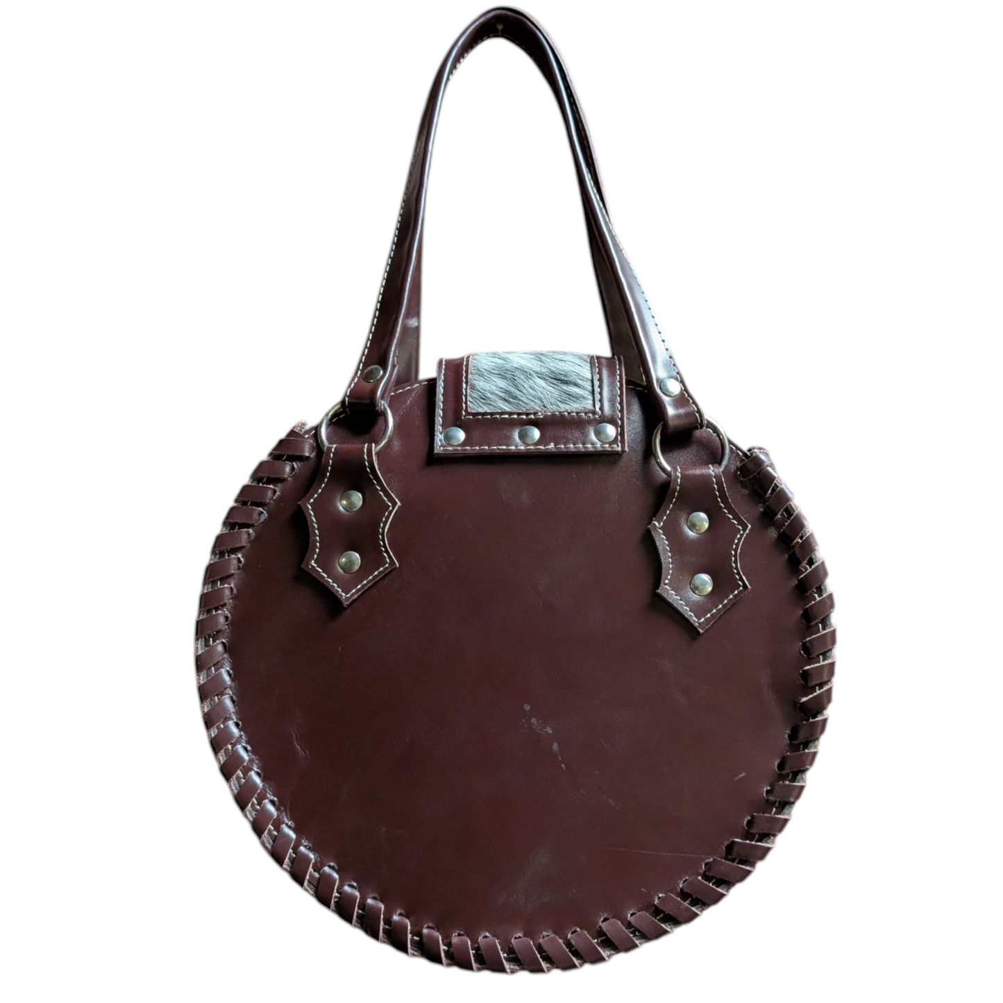Handmade Leather Bag (0007) - Round Dark Brown Leather w/ Cowhide & Feather
