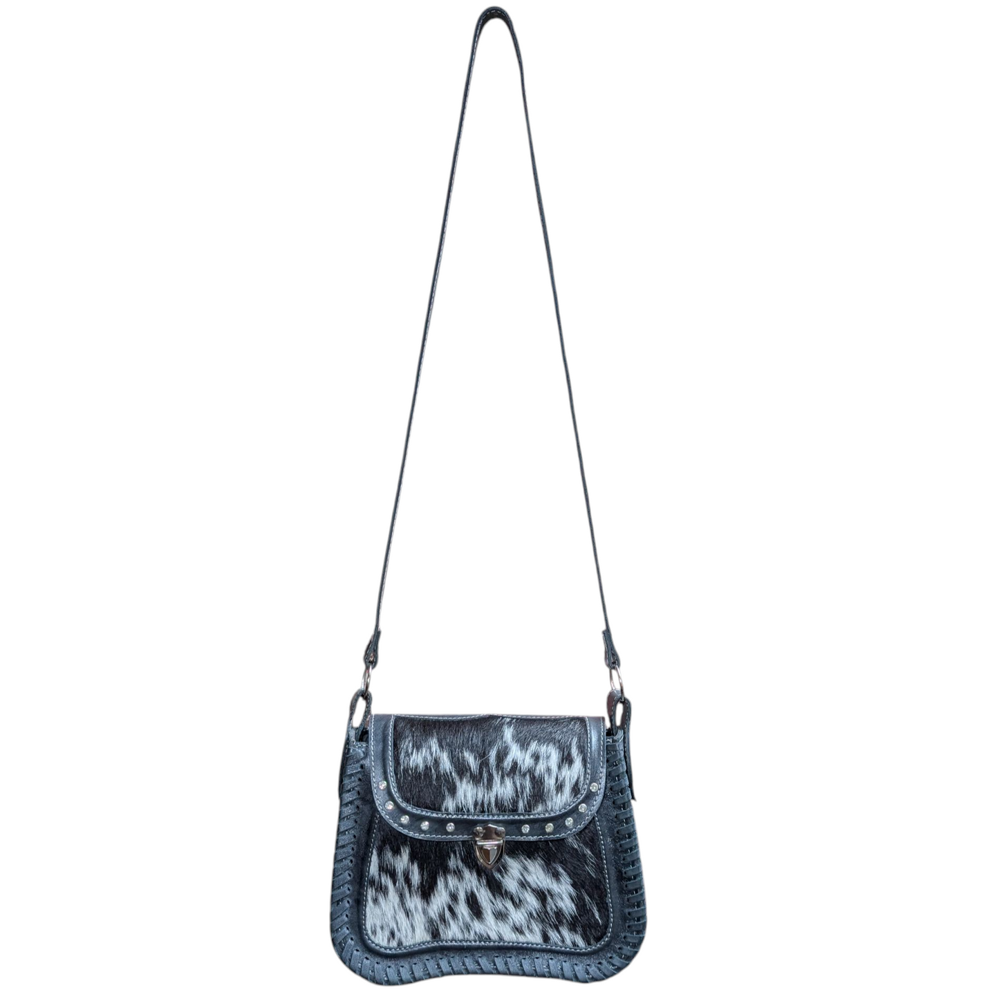 Handmade Leather Bag (0008) - Black Leather w/ Black & White Cowhide