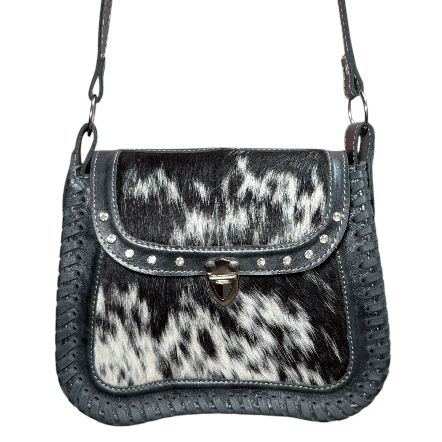 Handmade Leather Bag (0008) - Black Leather w/ Black & White Cowhide