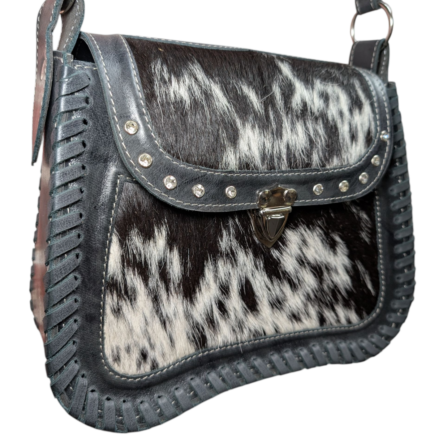 Handmade Leather Bag (0008) - Black Leather w/ Black & White Cowhide