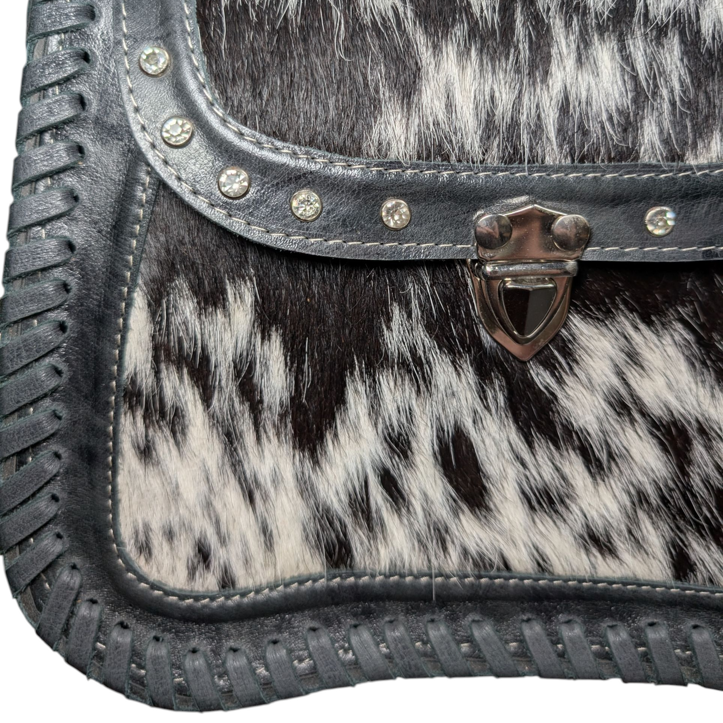 Handmade Leather Bag (0008) - Black Leather w/ Black & White Cowhide