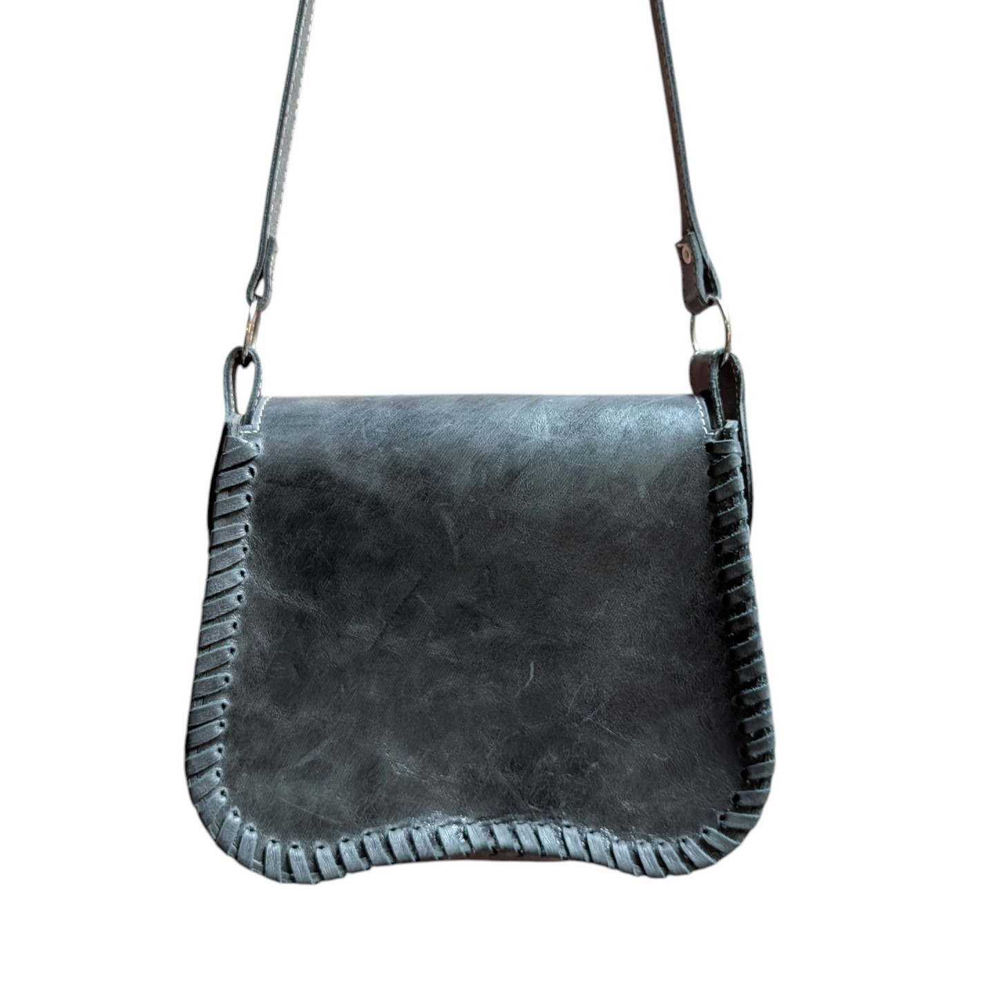 Handmade Leather Bag (0008) - Black Leather w/ Black & White Cowhide