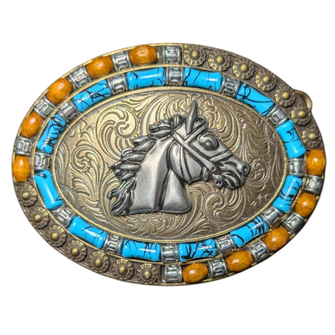 Western Buckle (0023) - Horse Head Gold & Silver w/ Teal & Wood Stones
