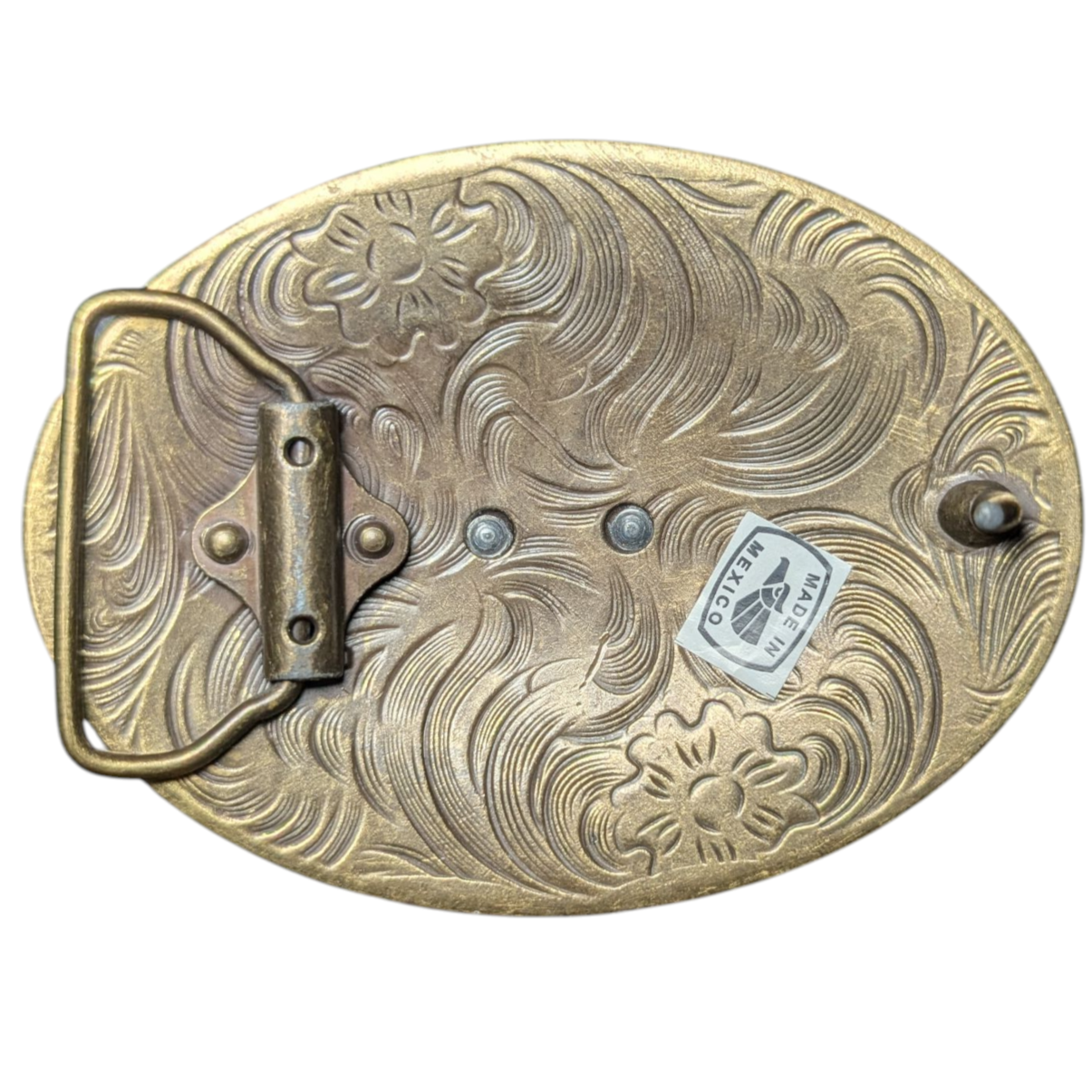 Western Buckle (0023) - Horse Head Gold & Silver w/ Teal & Wood Stones