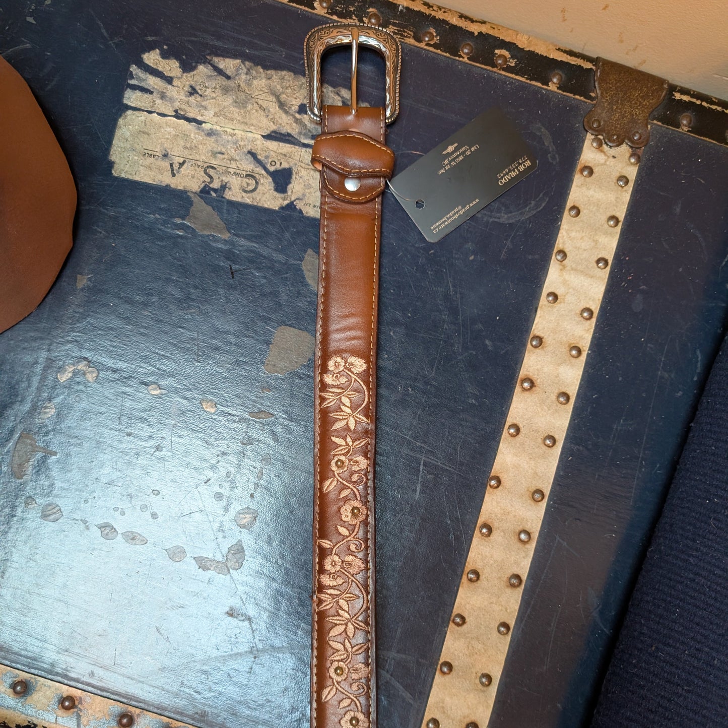 Brown Western Leather Belt (Style 2) - Engraved Buckle & Floral Stitching