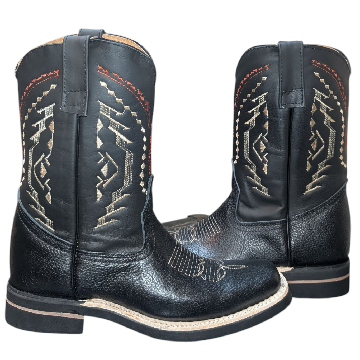 Men's Cowboy Boots (0063) - 12" Square Toe Black Deer-hide Leather Western Stitching