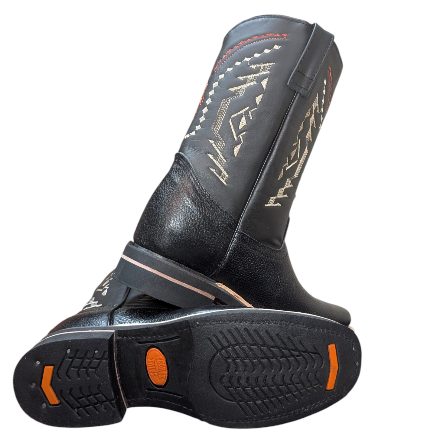 Men's Cowboy Boots (0063) - 12" Square Toe Black Deer-hide Leather Western Stitching