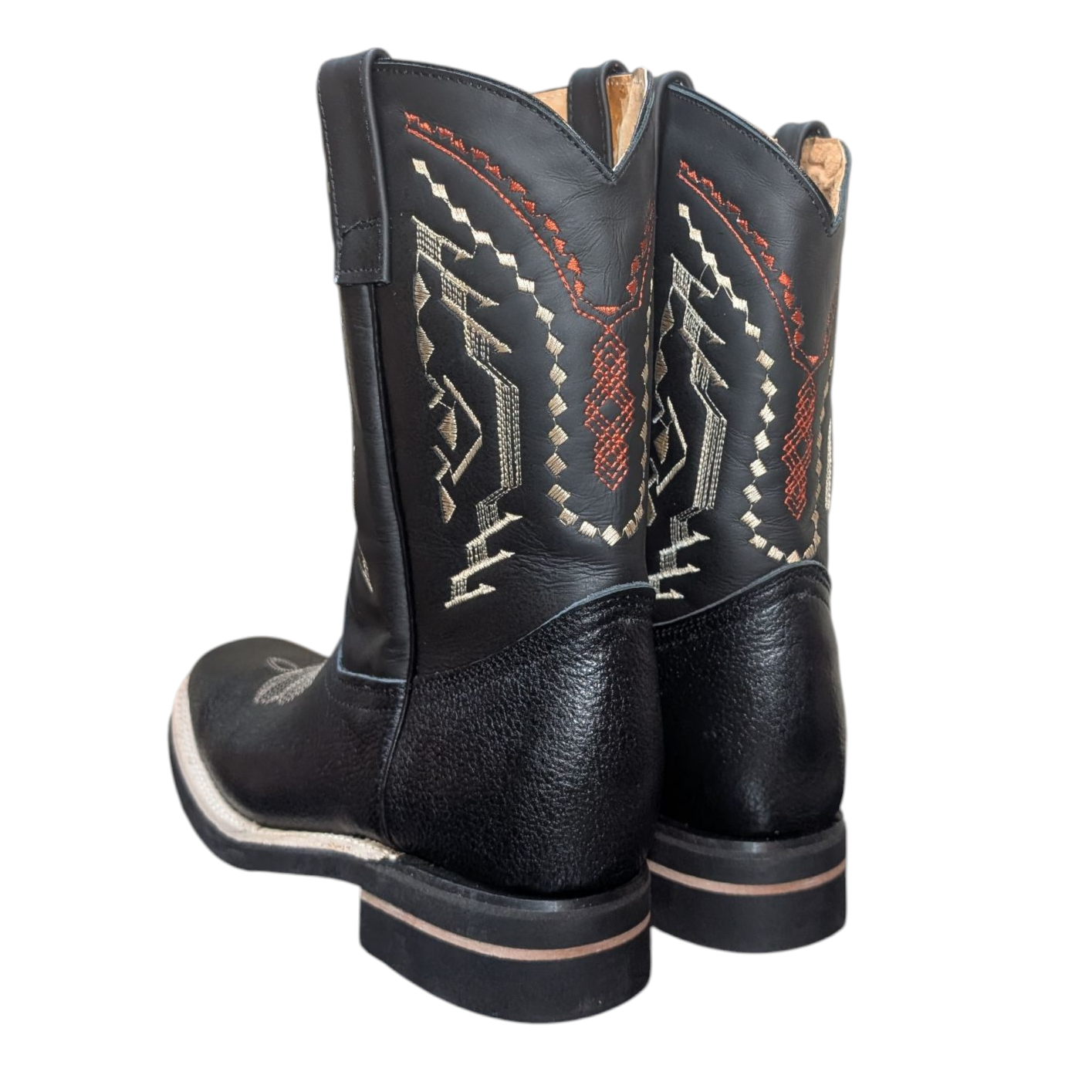 Men's Cowboy Boots (0063) - 12" Square Toe Black Deer-hide Leather Western Stitching