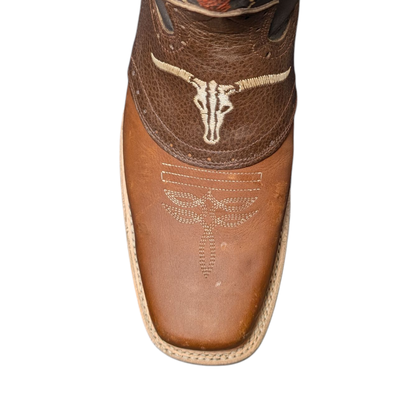 Men's Cowboy Boots (0064) - Layered Leather Longhorn Design Square Toe