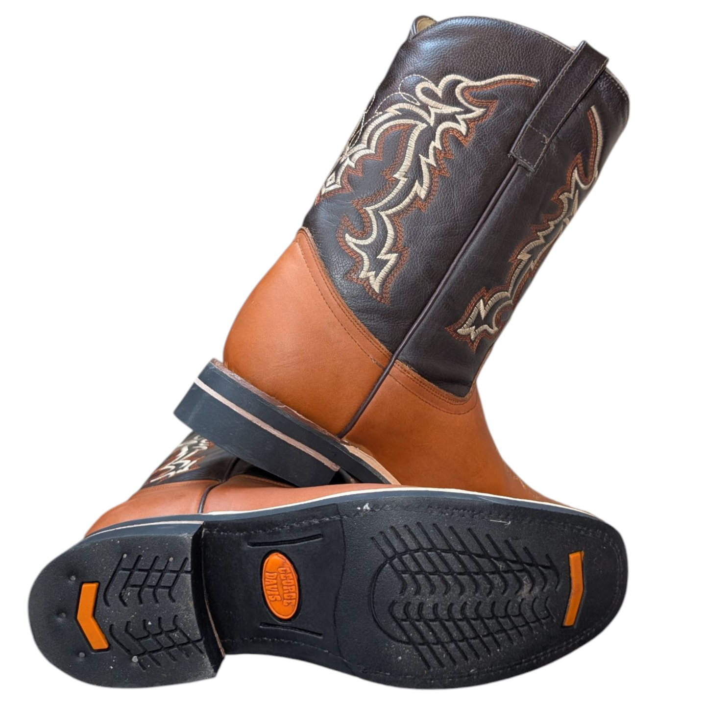 Men's Cowboy Boots (0065) - Black & Burnt Orange Leather w/ Square Toe