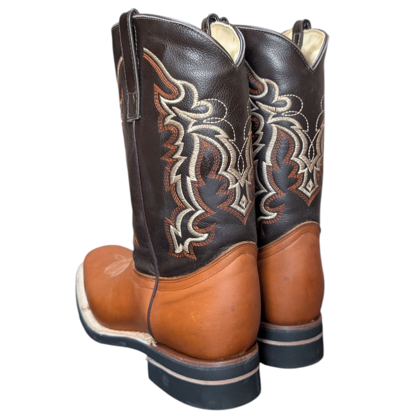 Men's Cowboy Boots (0065) - Black & Burnt Orange Leather w/ Square Toe