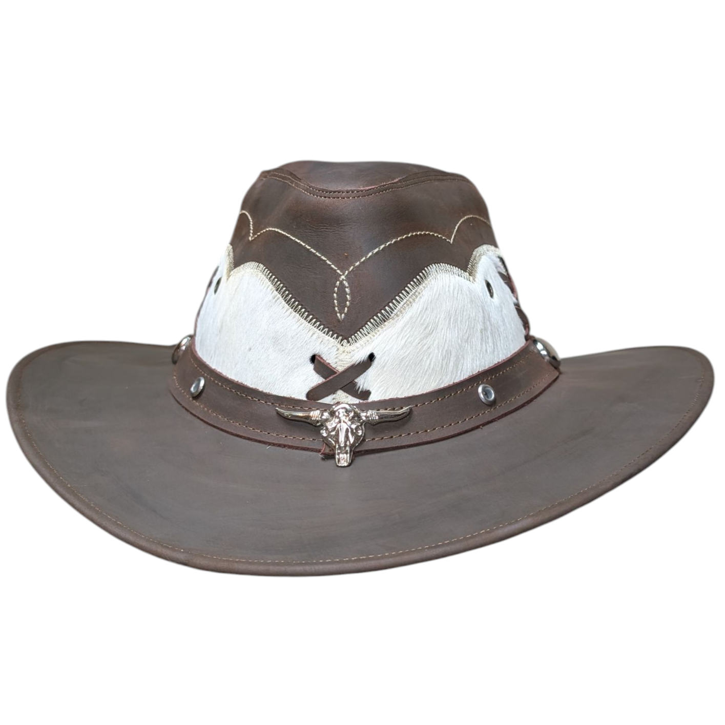Leather Cowboy Hat w/ Genuine Cowhide - Brown