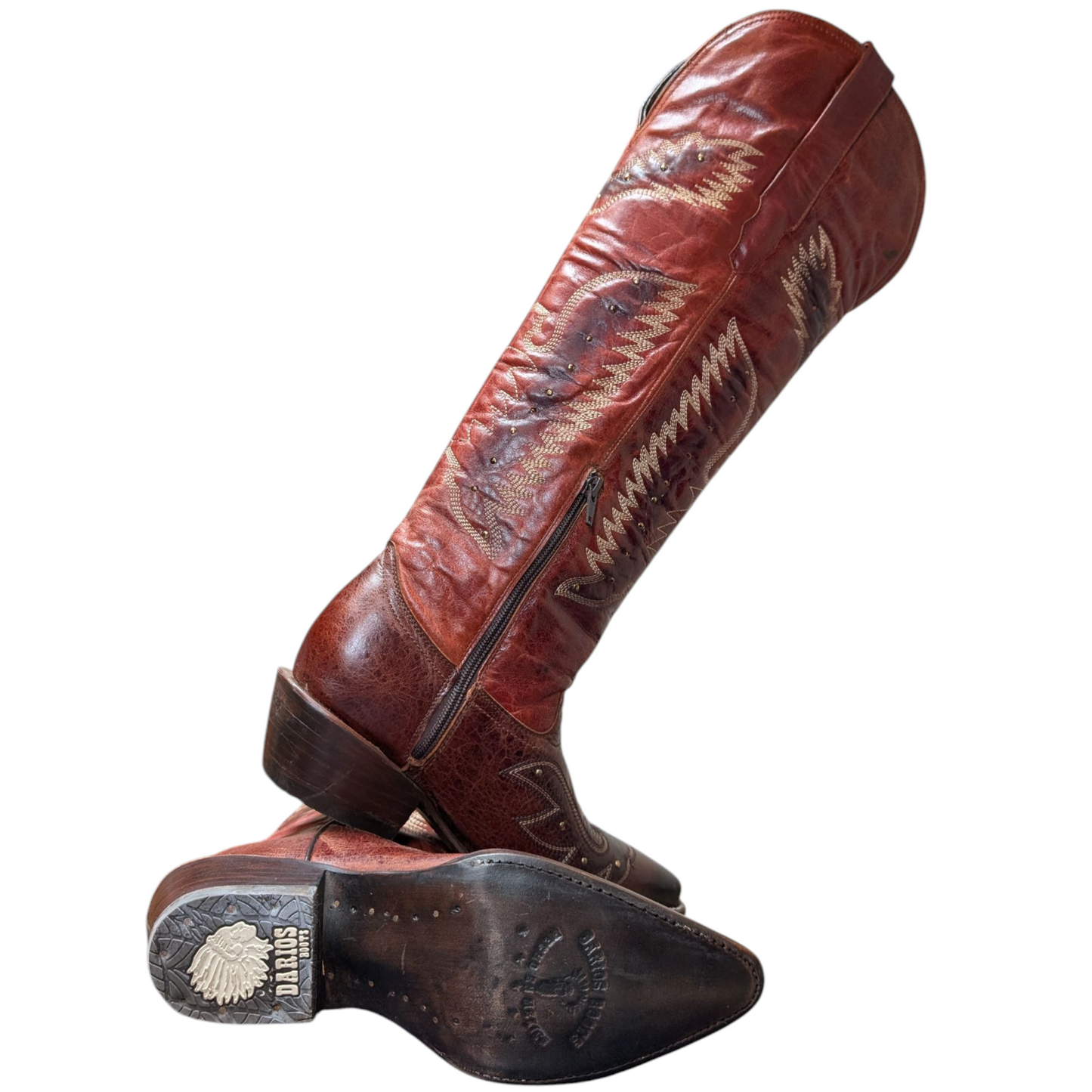 Women's Cowboy Boots (0078) - 21.5" Knee High Red Leather w/ Pointed Toe