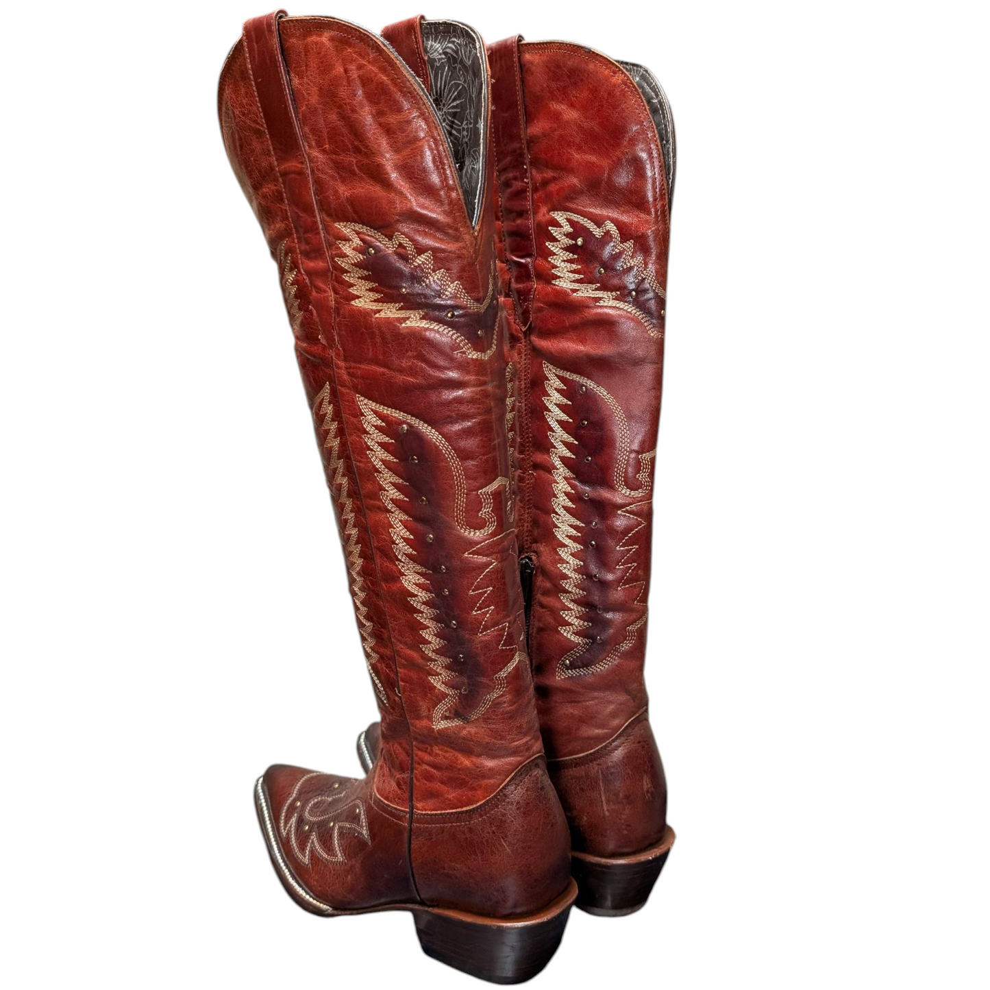 Women's Cowboy Boots (0078) - 21.5" Knee High Red Leather w/ Pointed Toe