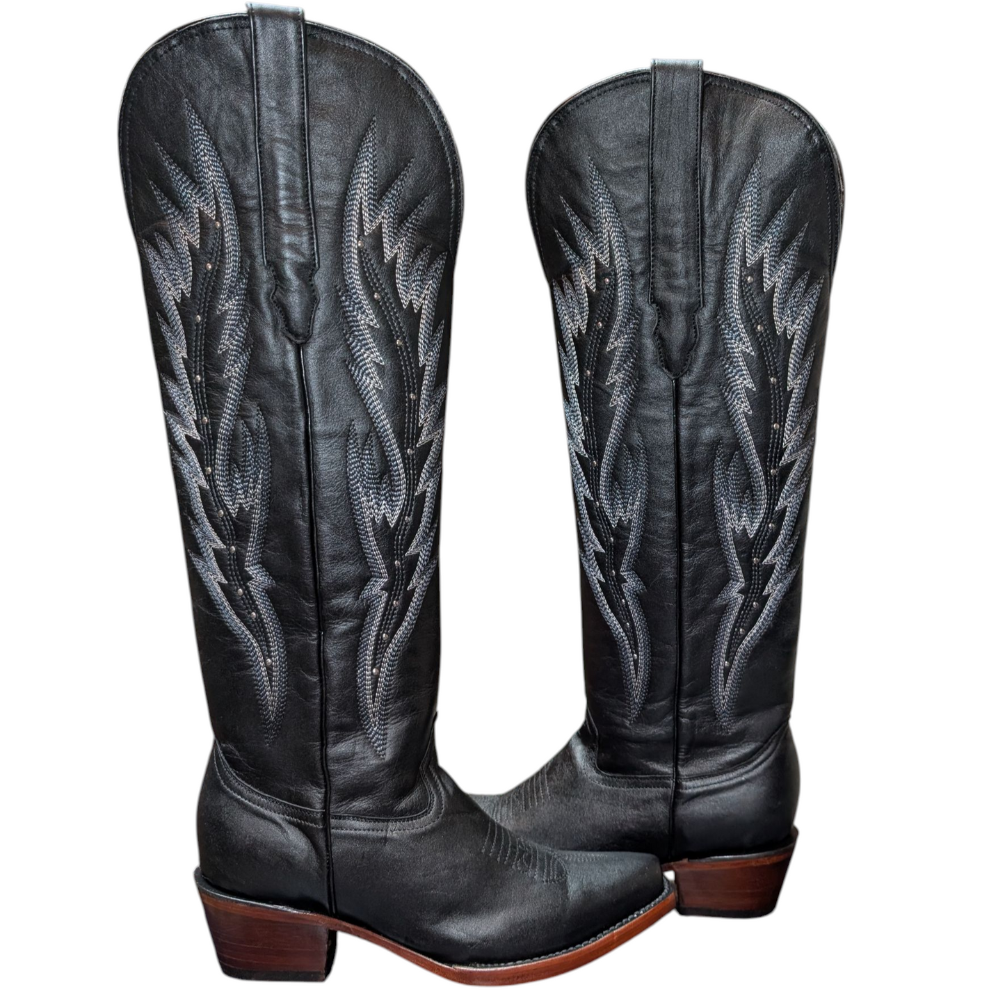 Women's Cowboy Boots (0079) - 20.5" Knee High Black Leather w/ Snip Toe