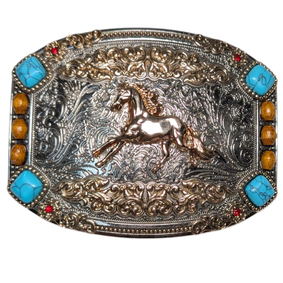 Western Buckle (0040) - Silver & Gold Galloping Horse w/ Mixed Stones