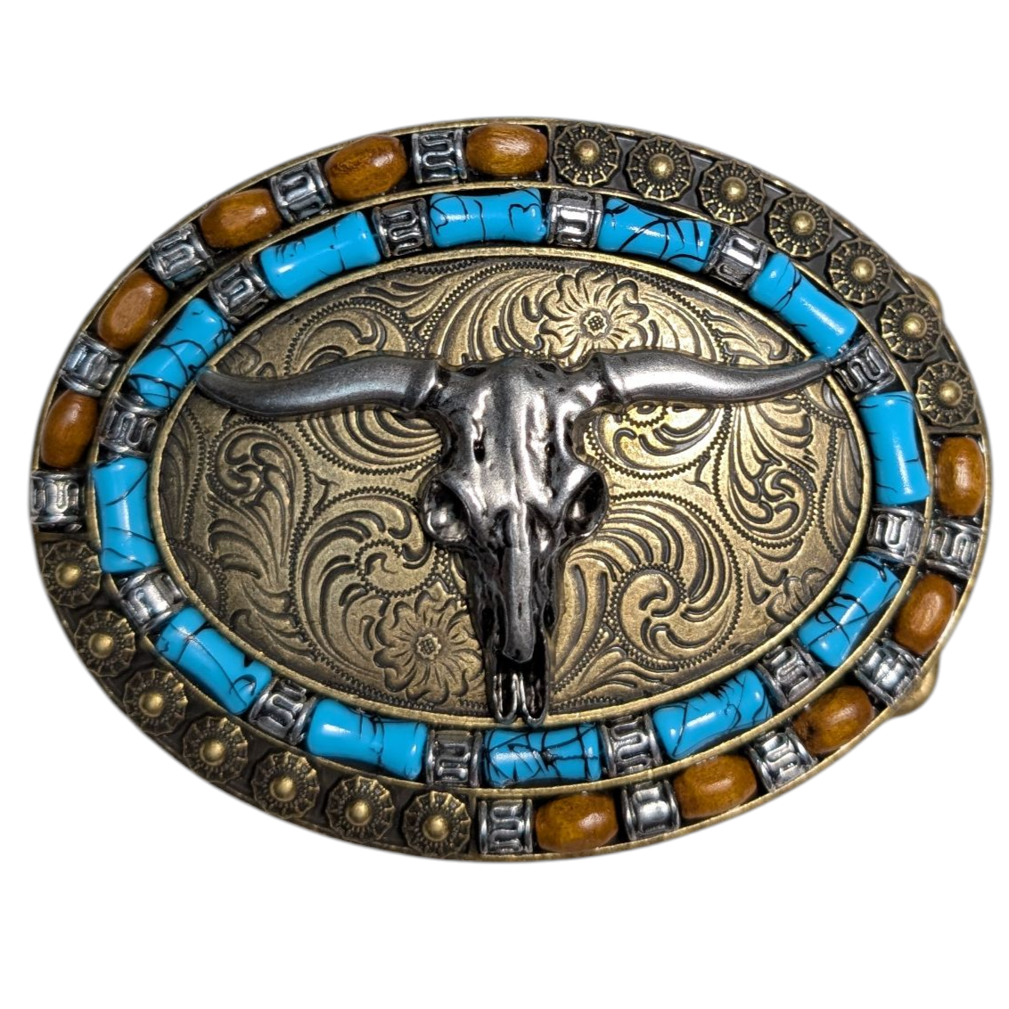 Western Buckle (0043) - Gold Longhorn w/ Mixed Stones