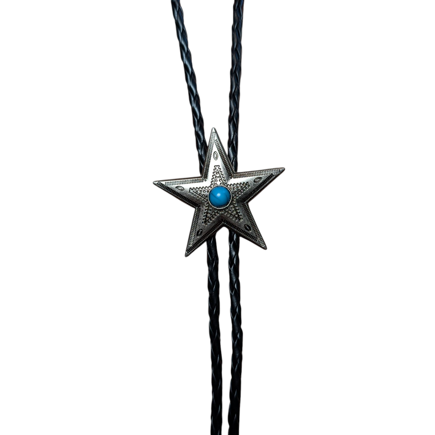 Western Bolo Tie (0013) - Silver Star w/ Turquoise Stone