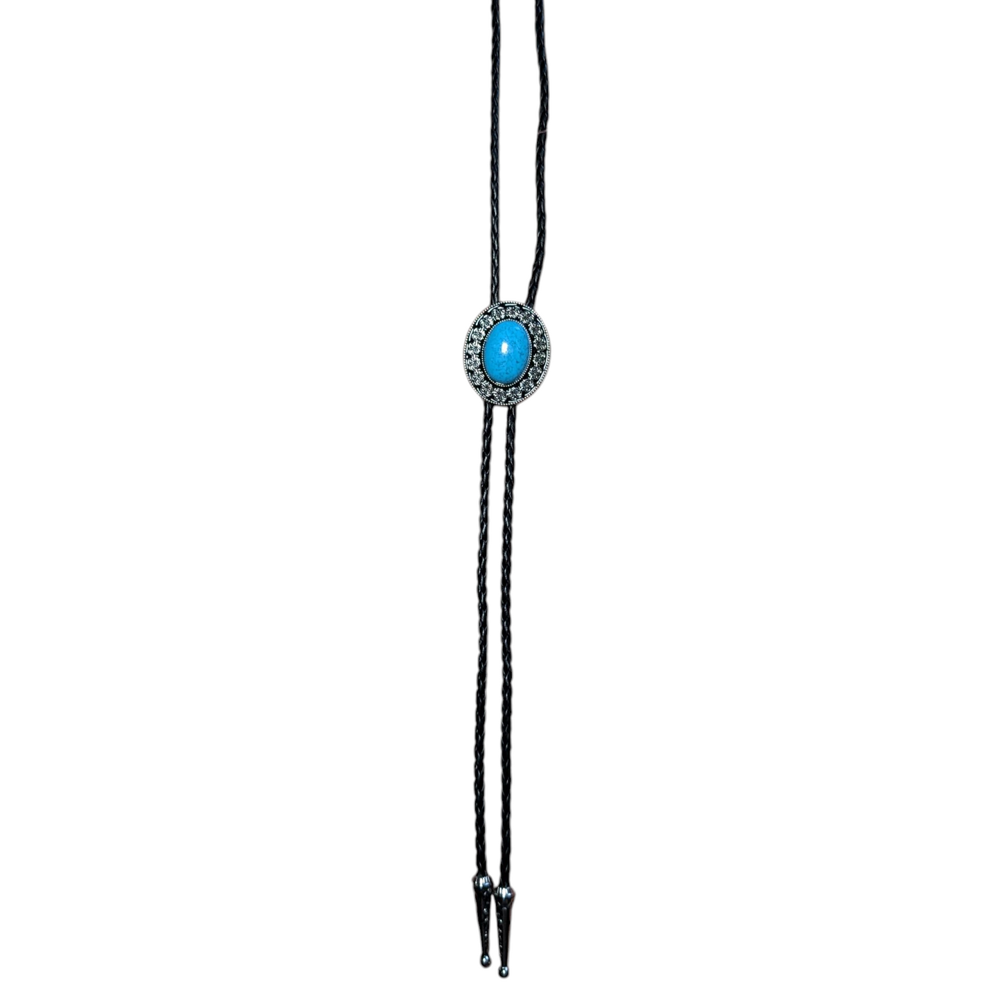 Western Bolo Tie (0024) - Silver w/ Blue Stone