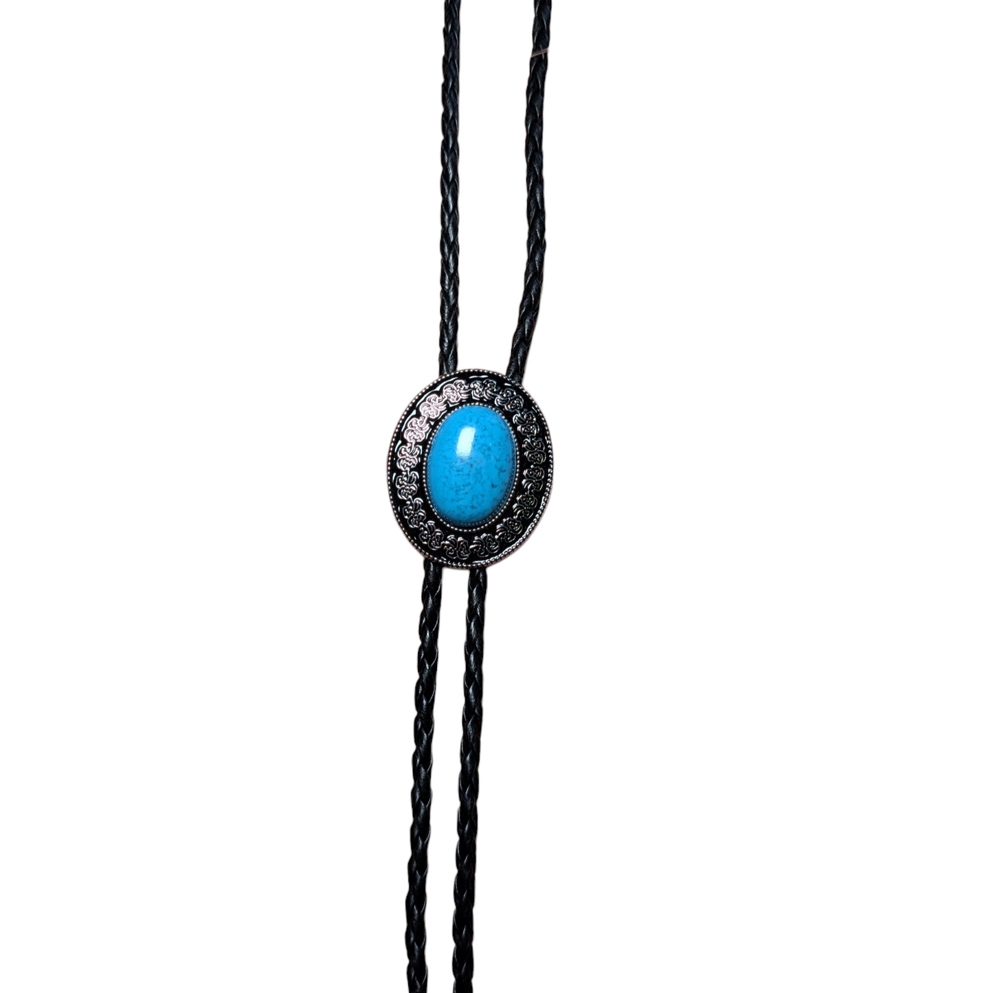 Western Bolo Tie (0024) - Silver w/ Blue Stone
