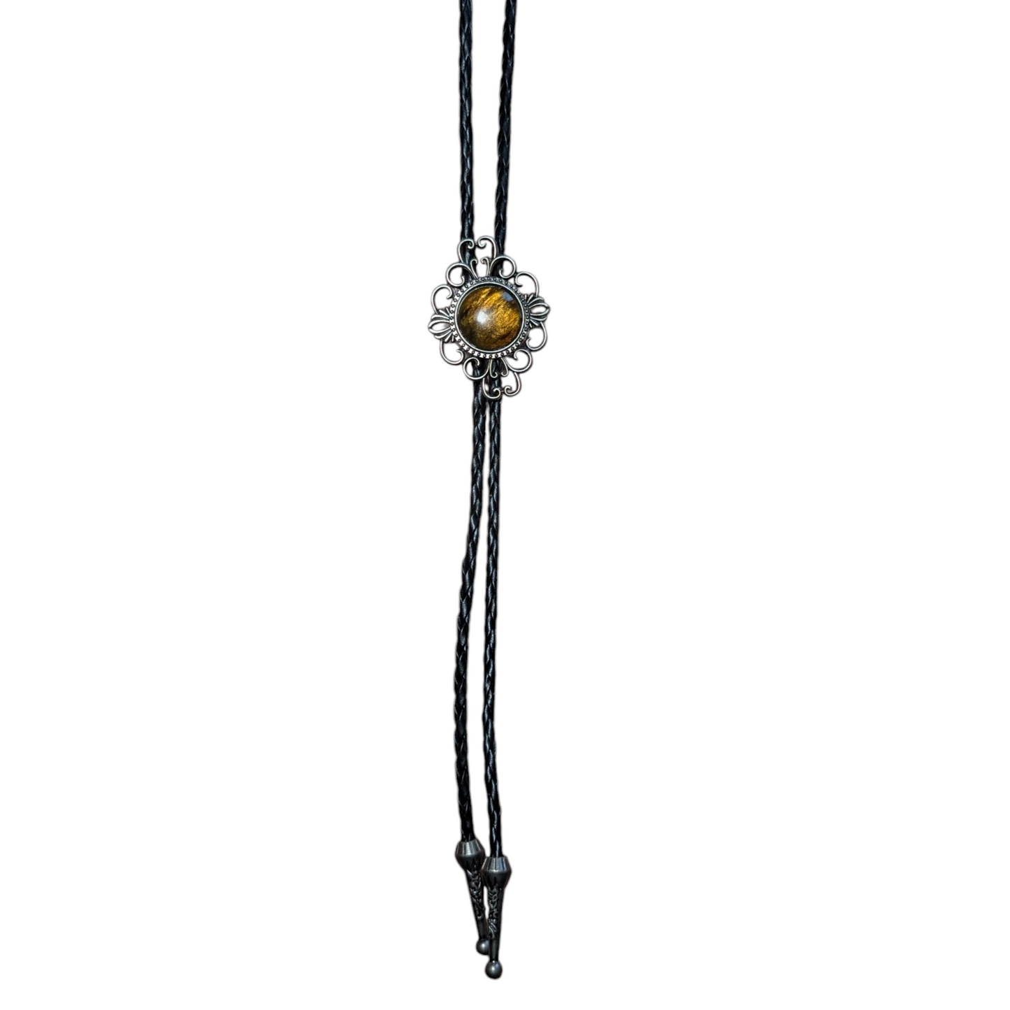 Western Bolo Tie (0025) - Silver w/ Golden Brown Stone