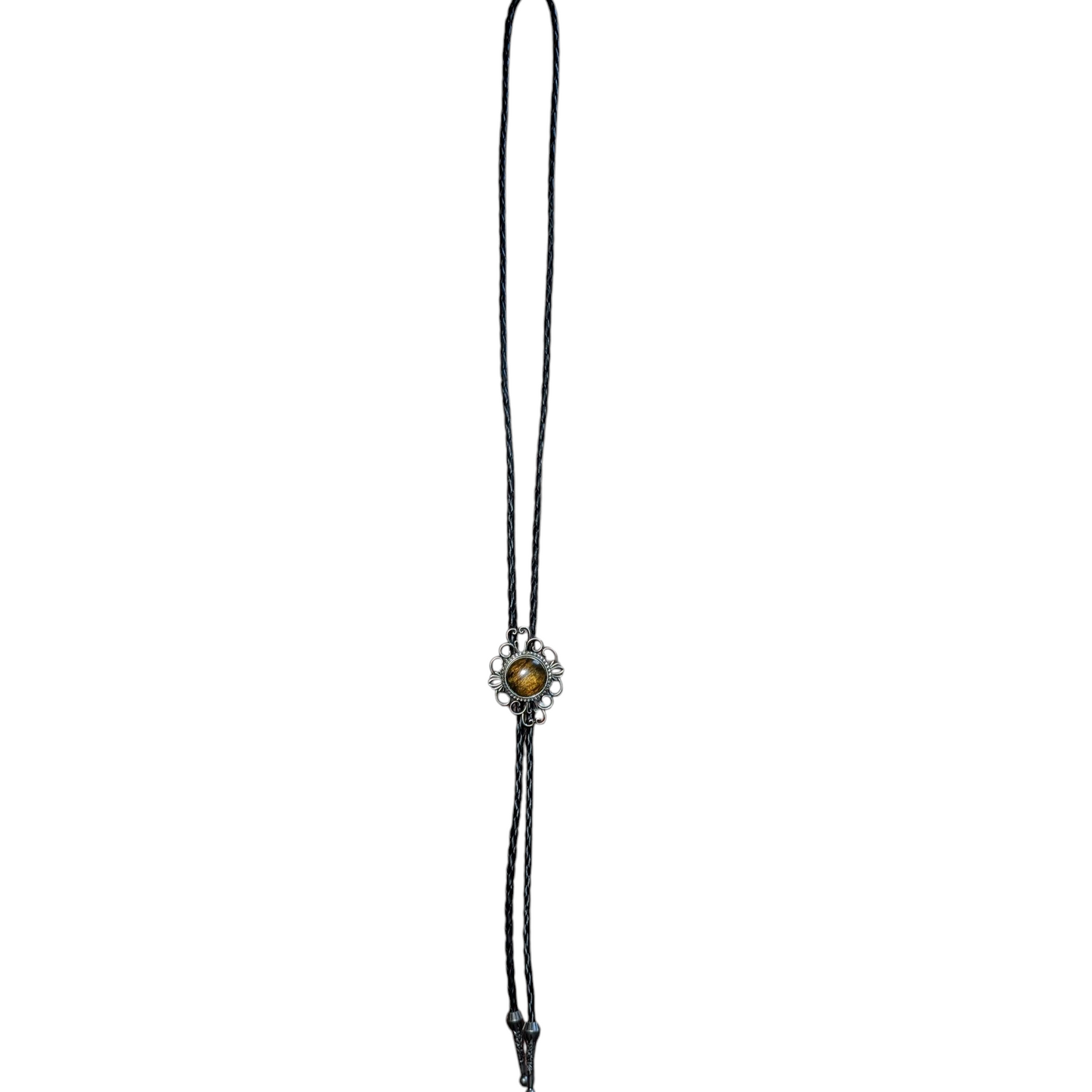 Western Bolo Tie (0025) - Silver w/ Golden Brown Stone