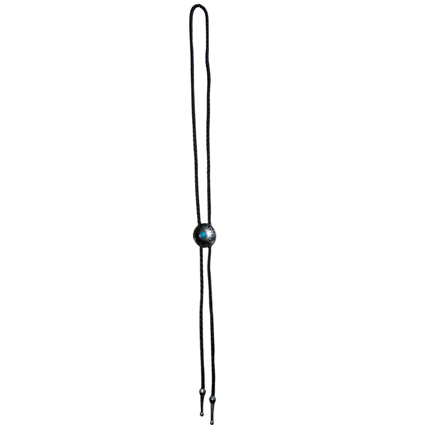 Western Bolo Tie (0035) - Silver Circle w/ Blue Stone