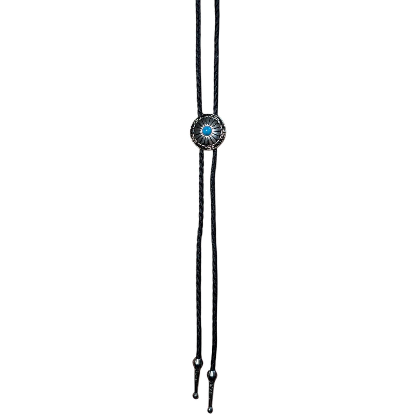 Western Bolo Tie (0035) - Silver Circle w/ Blue Stone
