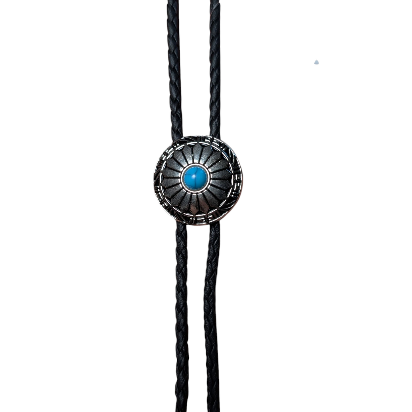 Western Bolo Tie (0035) - Silver Circle w/ Blue Stone