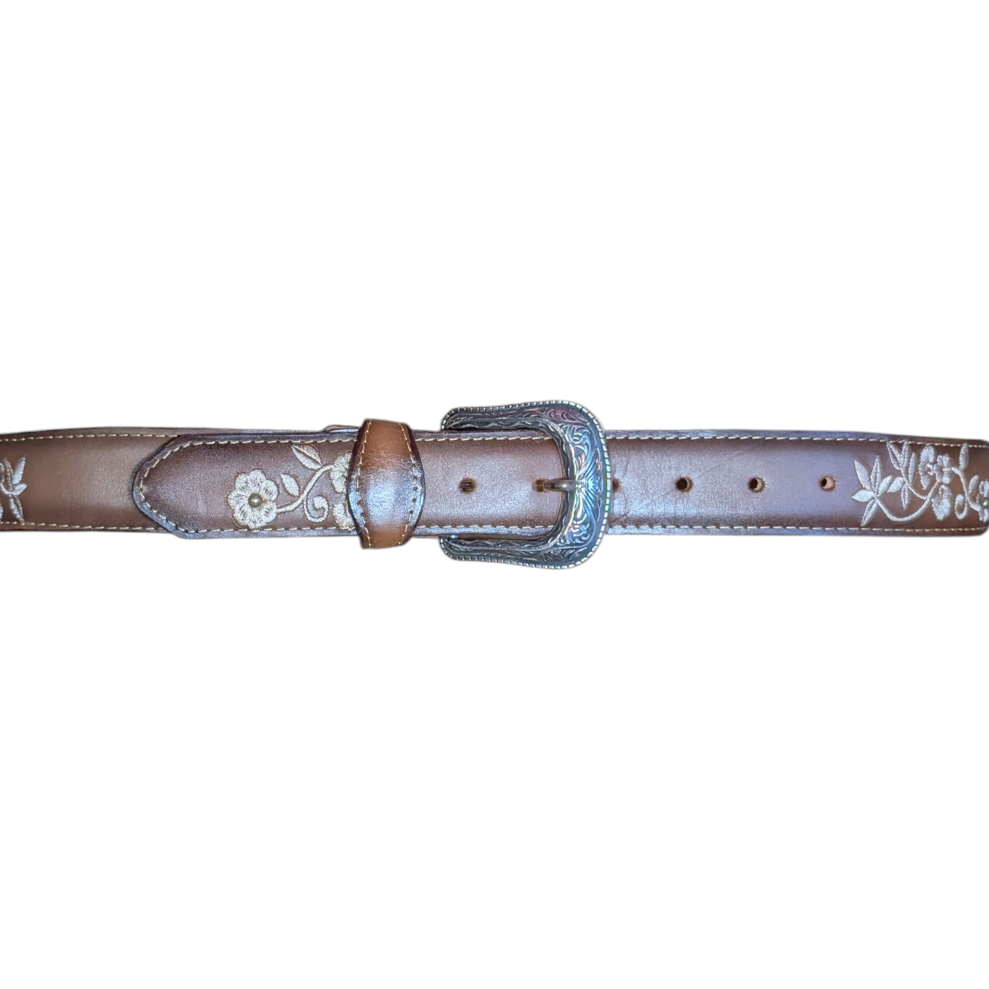 Western Leather Belt (0022) - Matte Brown Floral Stitching w/ Engraved Belt