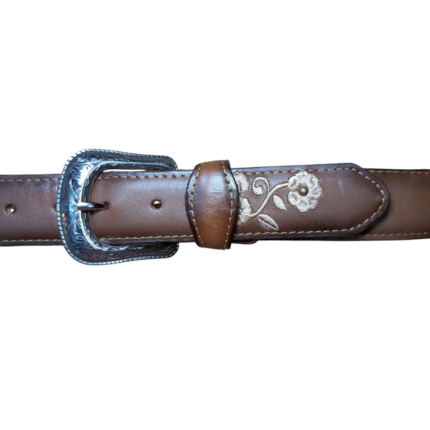 Western Leather Belt (0022) - Matte Brown Floral Stitching w/ Engraved Belt