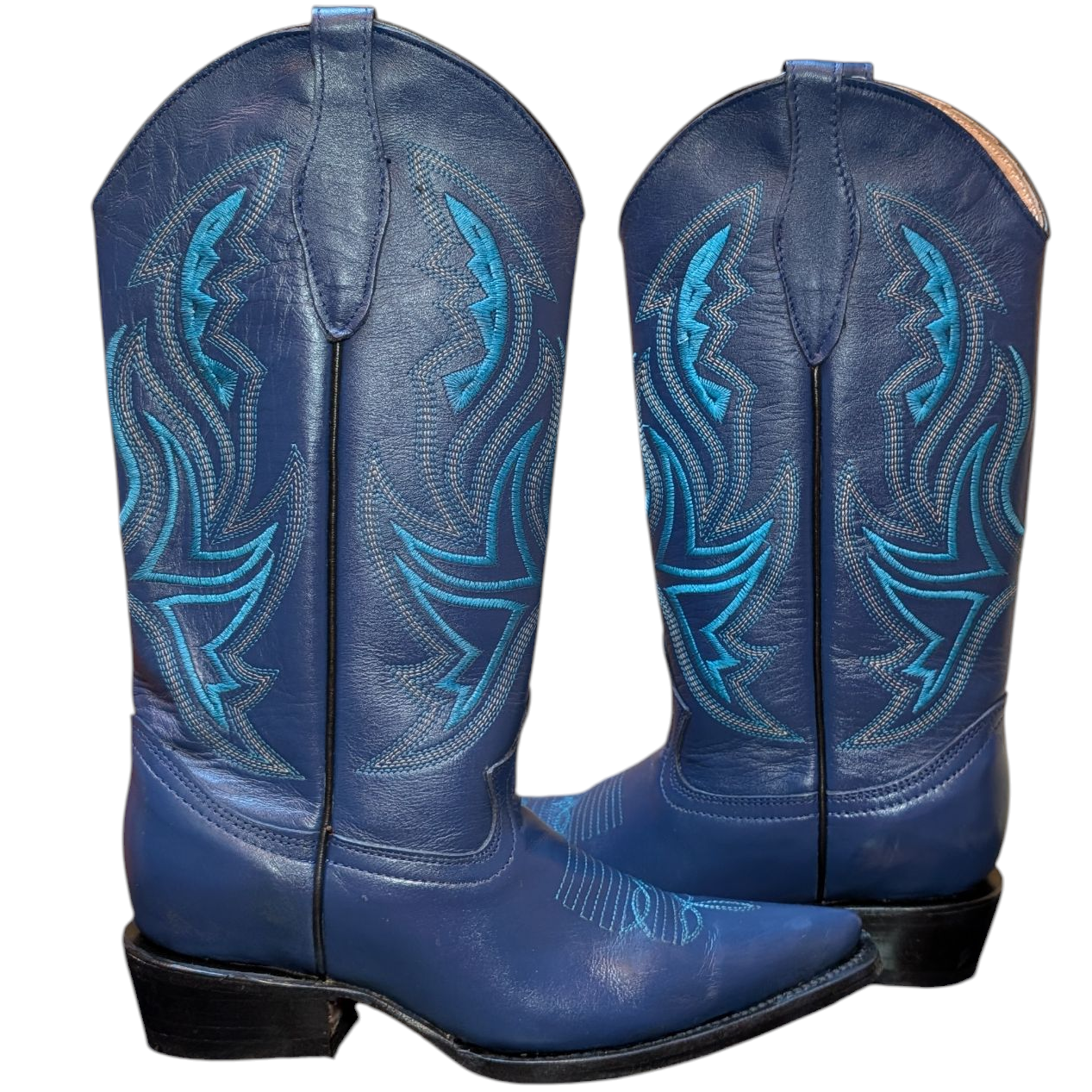 Women's Cowboy Boots (0087) - 14" Blue Leather Boot w/ Pointy Toe