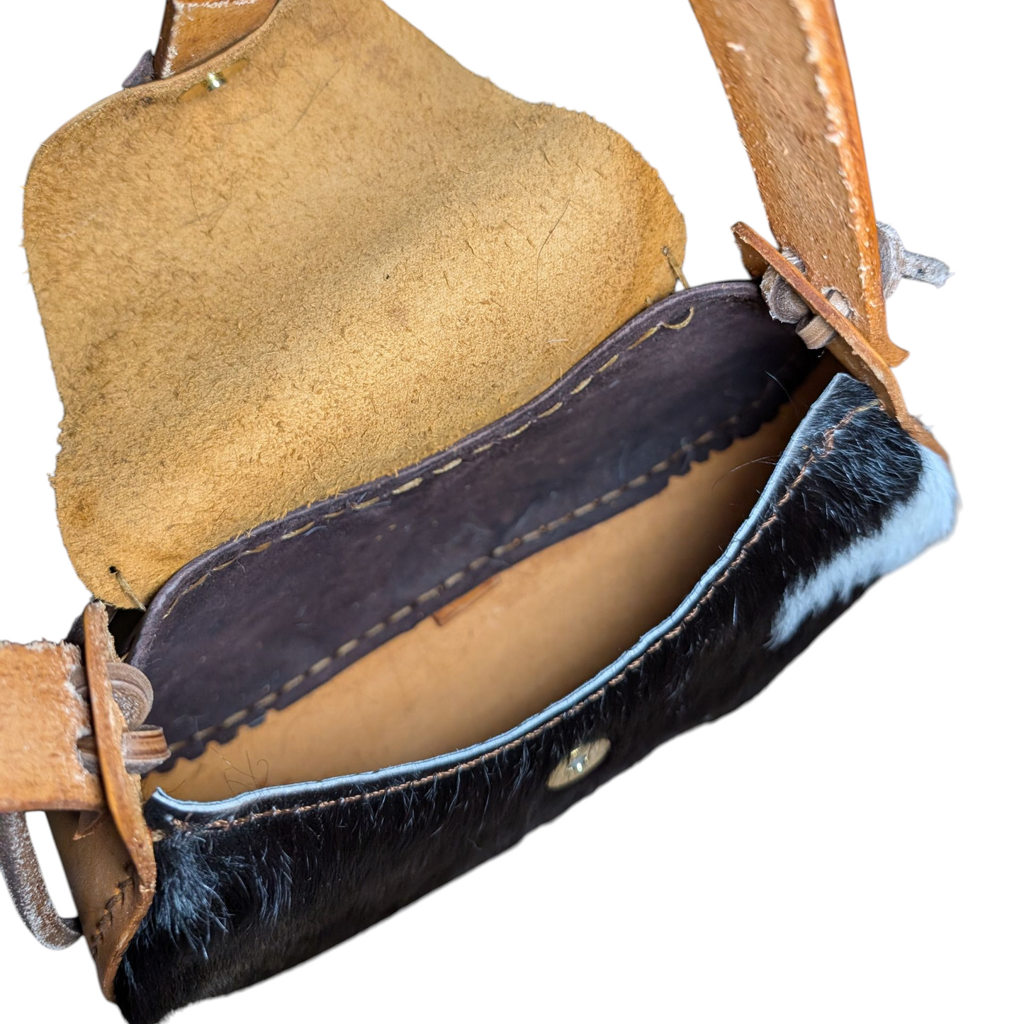 Handmade Leather Bag (0021) - Black & Tan Leather w/ Cowhide