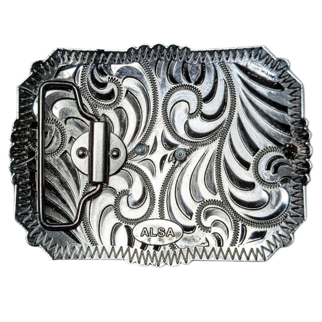 Western Buckle (0055) - Silver & Gold Rodeo Cowboy w/ Black Border