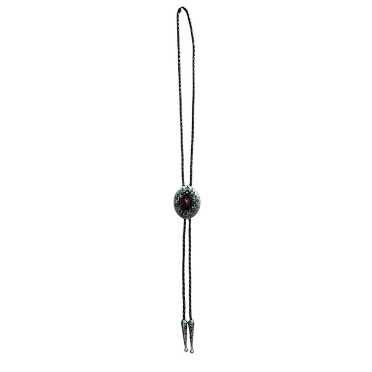 Western Bolo Tie (0042) - Silver Geometric Print w/ Red Centre Stone