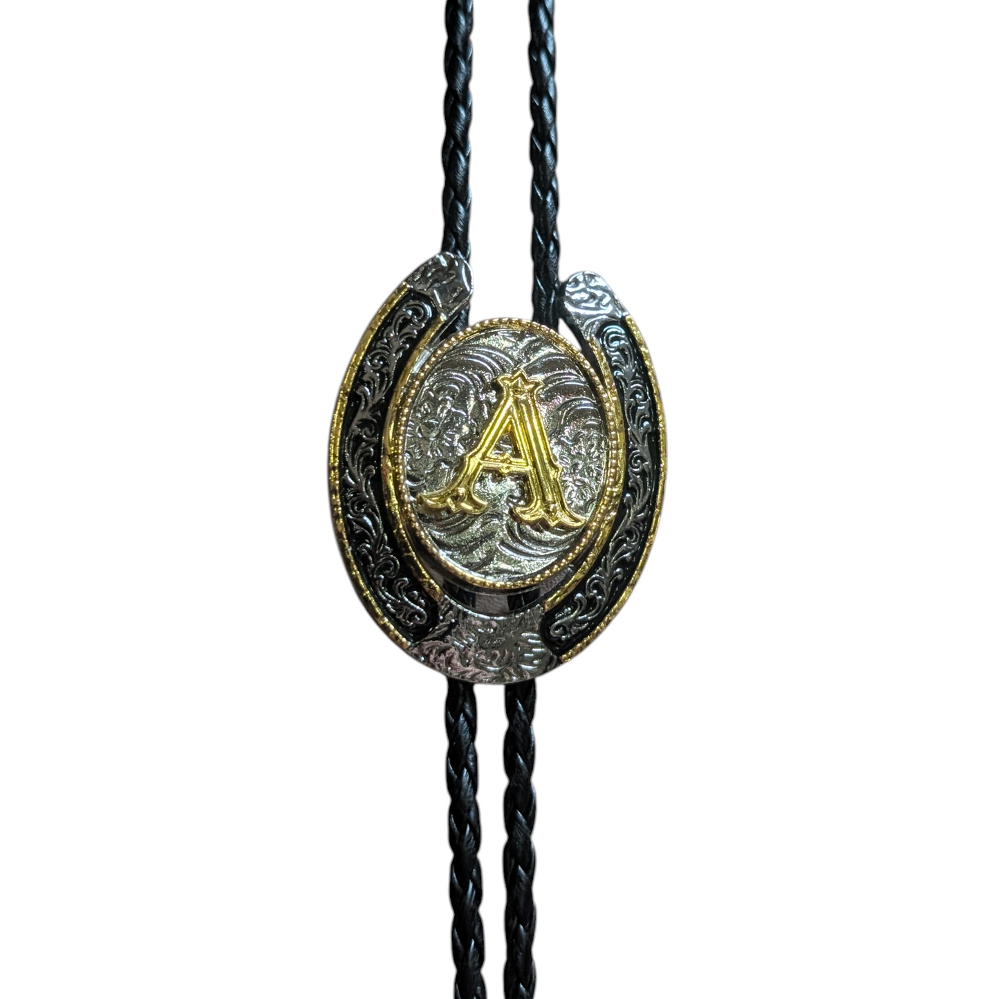 Western Bolo Tie (0049) - Gold & Silver Letter (A)