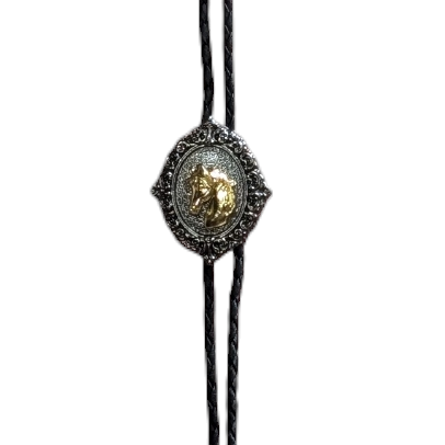 Western Bolo Tie (0052) - Brushed Silver Vintage Style w/ Gold Horse Head