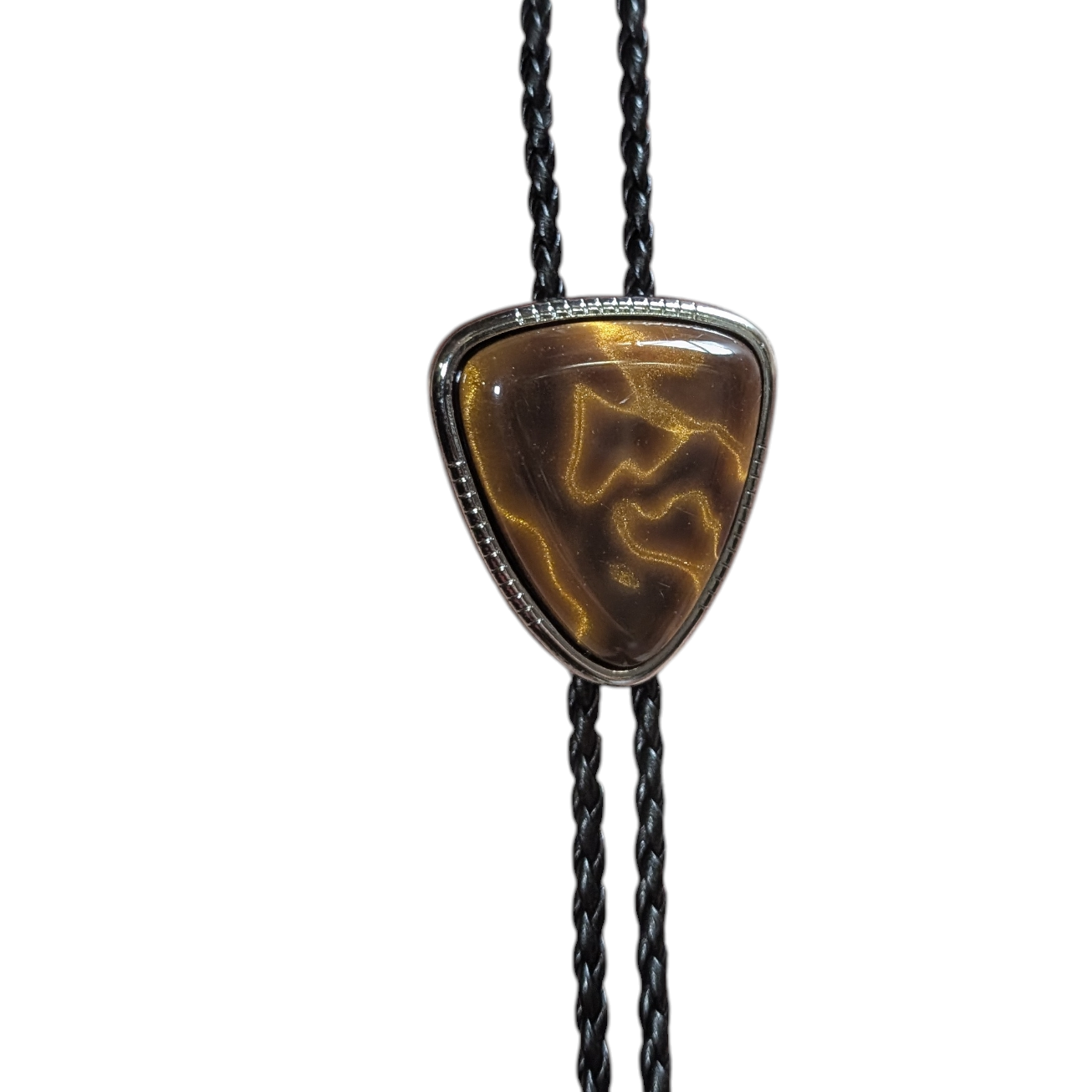 Western Bolo Tie (0053) - Silver Triangle w/ Golden Brown Stone