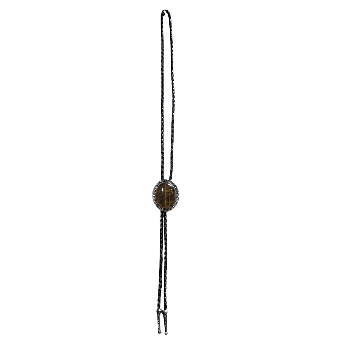 Western Bolo Tie (0055) - Silver Oval w/ Golden Brown Stone