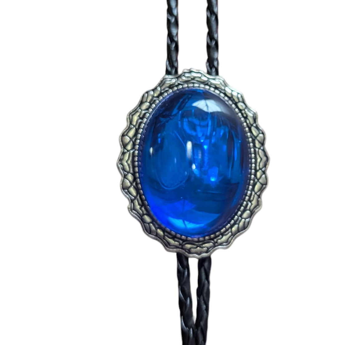 Western Bolo Tie (0061) - Silver w/ Deep Blue Oval Stone