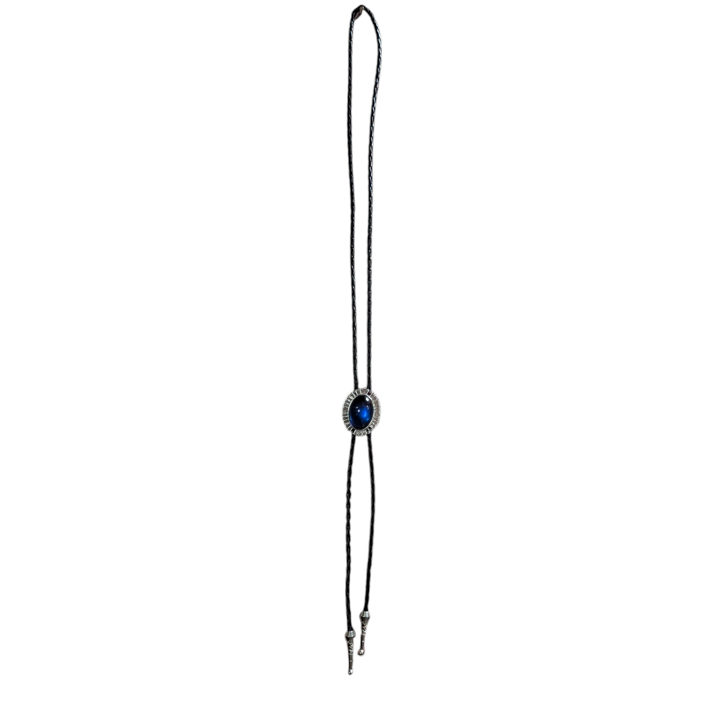 Western Bolo Tie (0062) - Silver w/ Deep Blue Stone