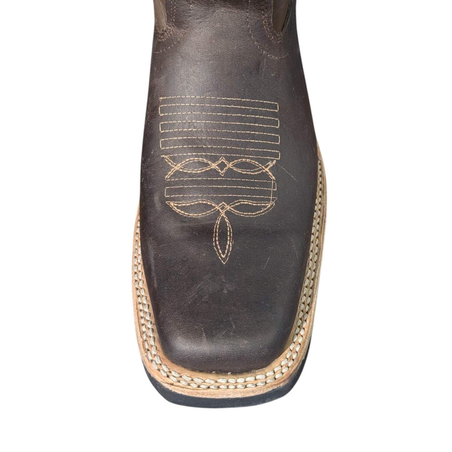 Cowboy Boots (0108) - 12" Square Toe Dark Brown Leather w/ Tribal Stitching
