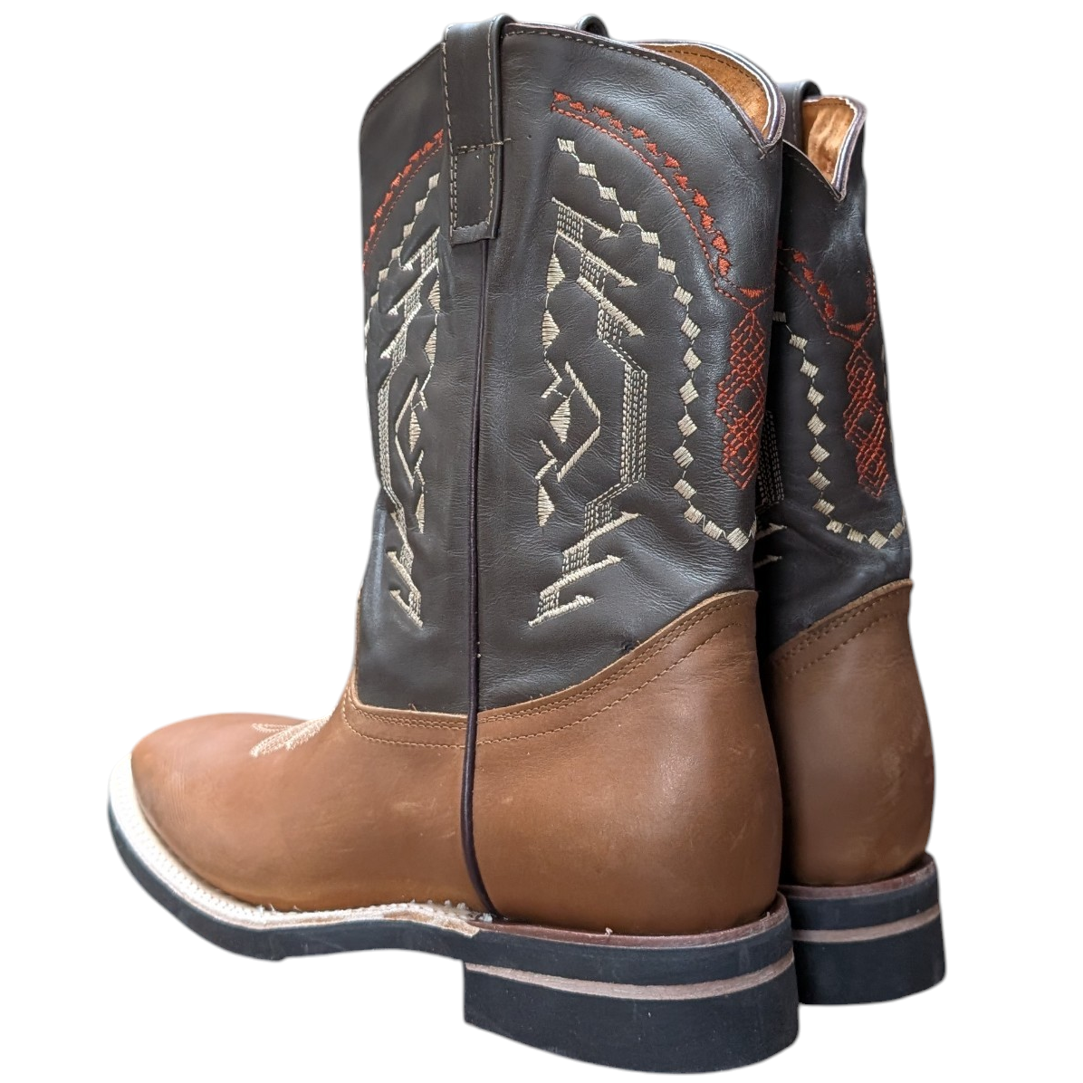 Cowboy Boots (0109) - 12" Square Toe Light Brown & Dark Brown Leather Western Stitching