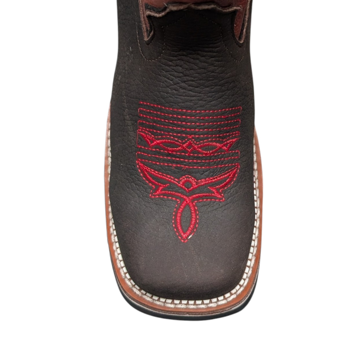 Cowboy Boots (0112) - 13.5" Brown & Light Burgundy Leather w/ Floral Stitching & Square Toe