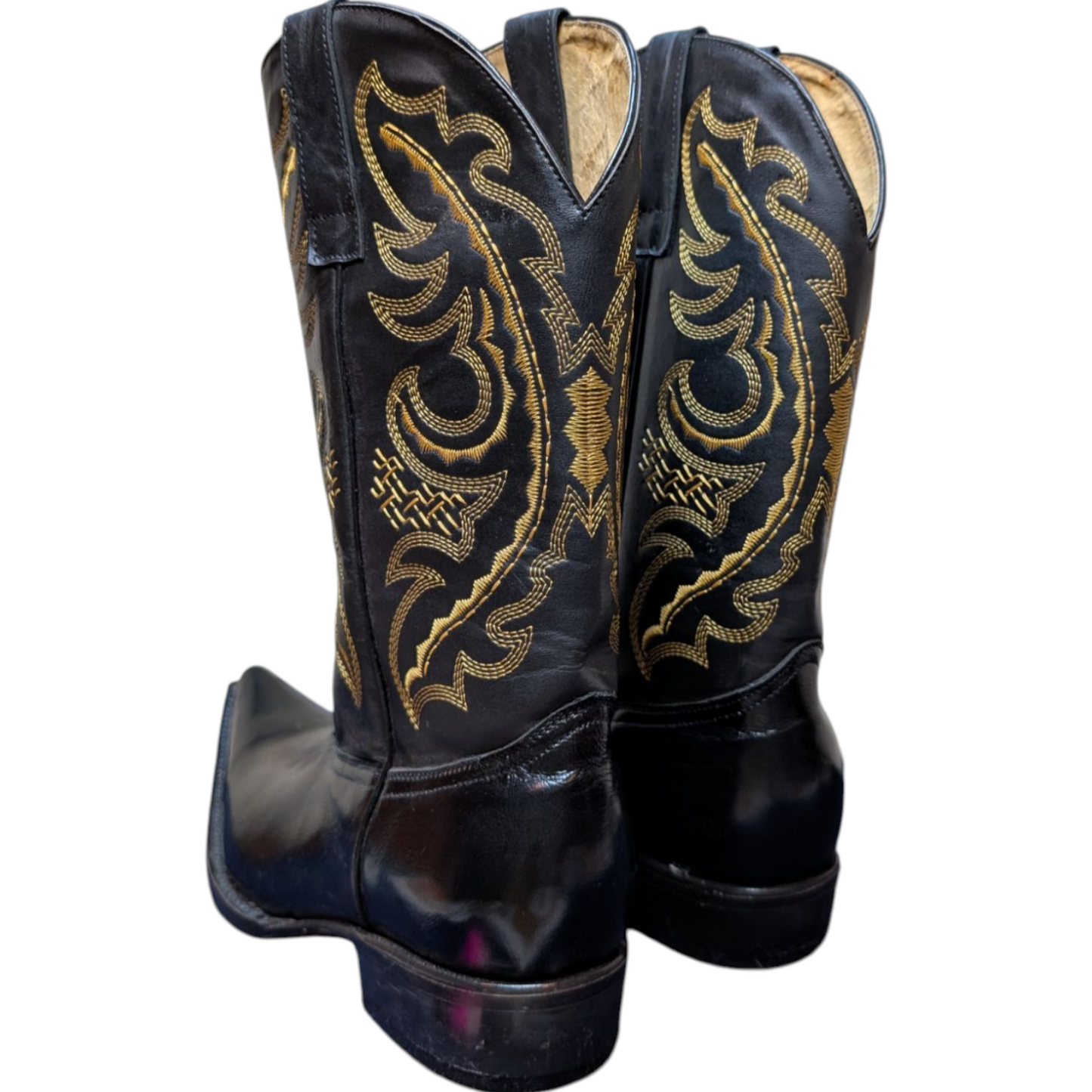 Unisex Cowboy Boots (0049) - Black Leather w/ Golden Western Stitching & Pointed Toe