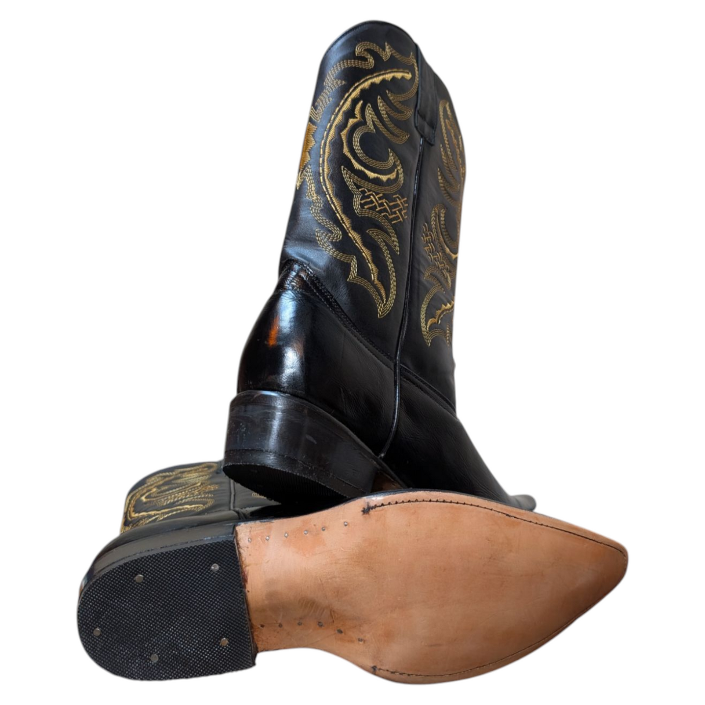 Unisex Cowboy Boots (0049) - Black Leather w/ Golden Western Stitching & Pointed Toe